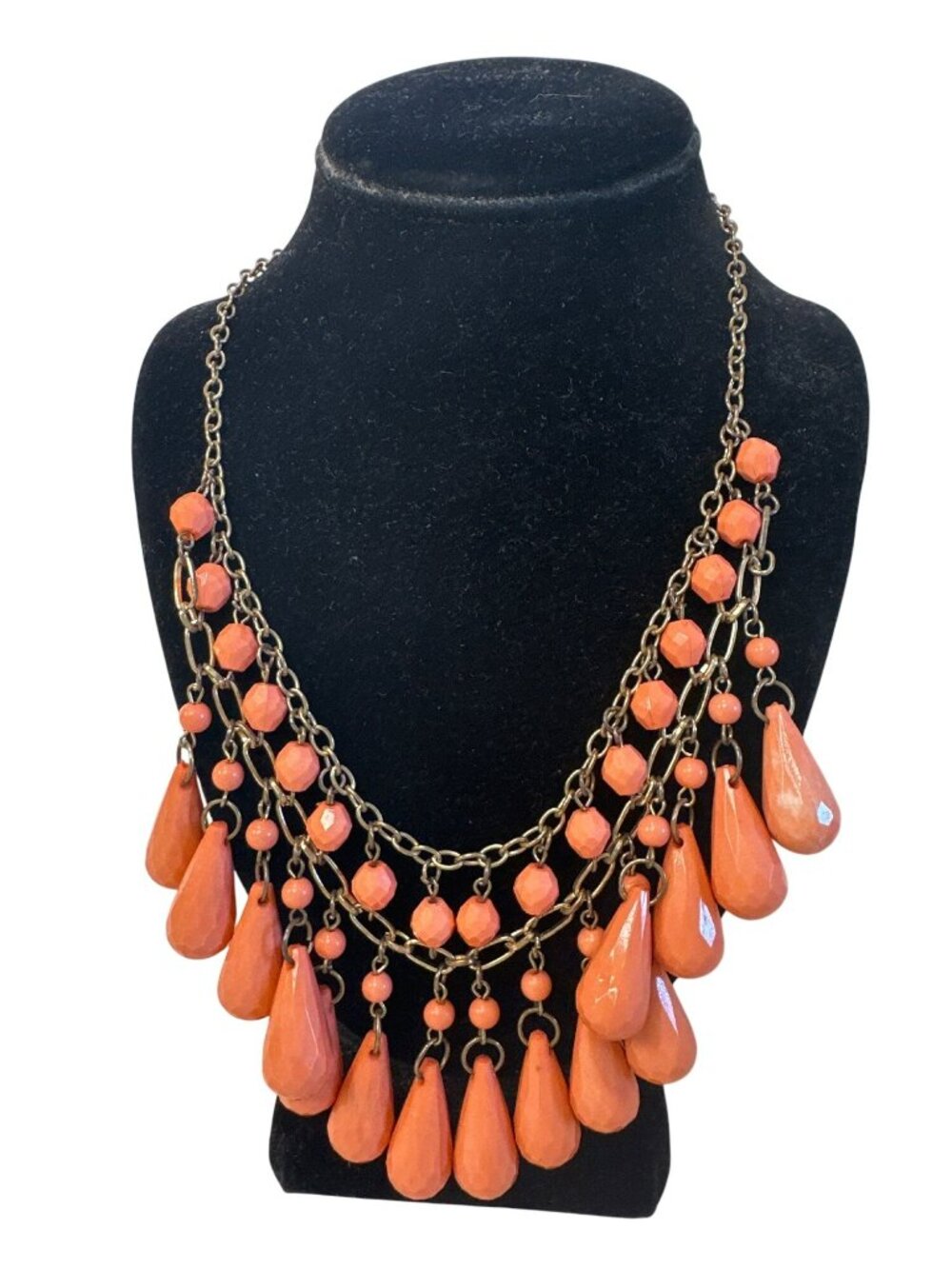 Bold Coral Multi-Strand Necklace Faceted Teardrop Bead Bib Career Statement Art